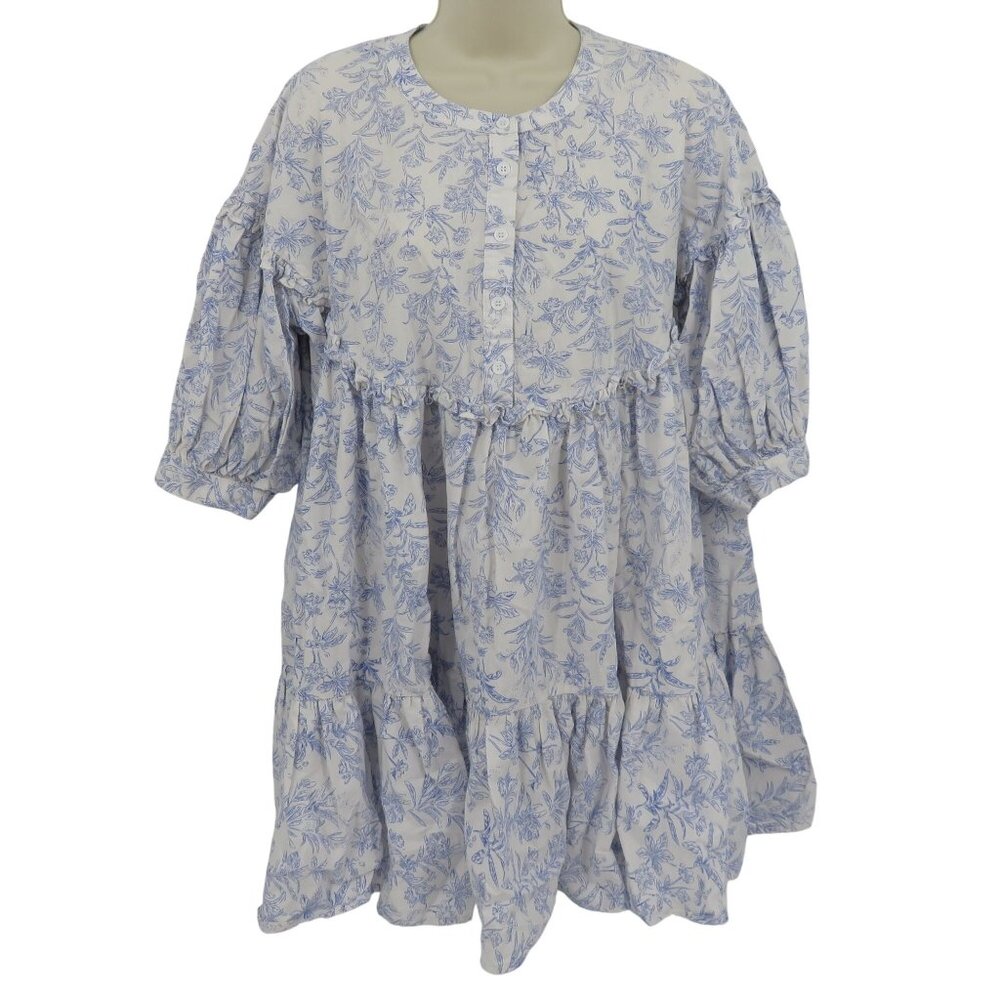 Bucket List Women Large White Blue Flower Botanical Print Ruffle Dress Sundress